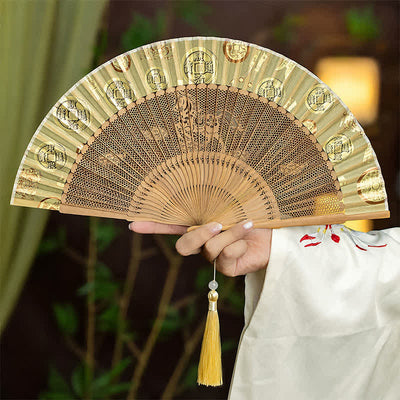 Buddha Stones Bamboo Hollow-Carved Famous Spots Landscapes Animals Tassel Folding Fan - Horse - image 14