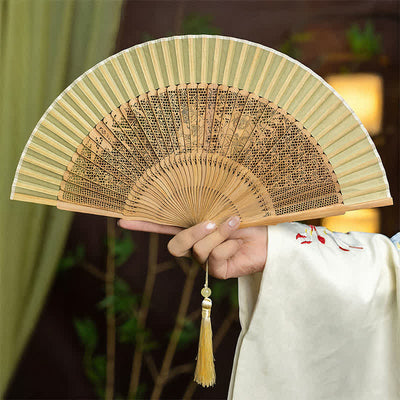 Buddha Stones Bamboo Hollow-Carved Famous Spots Landscapes Animals Tassel Folding Fan - Panda - image 19