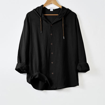 Buddha Stones Solid Color Long Sleeve Hooded Drawstring Buttons Men's Shirt - Black - US/UK/AU44，EU54 (3XL) - image 9