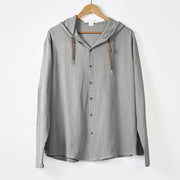 Foviel Solid Color Long Sleeve Hooded Drawstring Buttons Men's Shirt