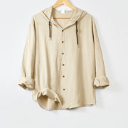 Foviel Solid Color Long Sleeve Hooded Drawstring Buttons Men's Shirt