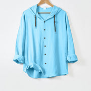 Foviel Solid Color Long Sleeve Hooded Drawstring Buttons Men's Shirt