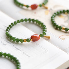 Buddha Stones Spinach Green Hetian Jade Red Agate Luck Bracelet - Natural Jade(Wrist Circumference: 5.5–5.9 in/14–15 cm) - image 0