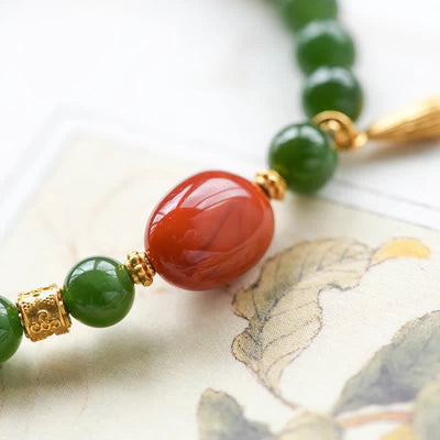 Buddha Stones Spinach Green Hetian Jade Red Agate Luck Bracelet - image 12