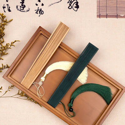 Buddha Stones Elegant Bamboo Golden Branch Ink Bamboo Pattern Folding Fan with Tassel - image 3