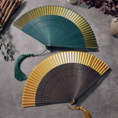 Buddha Stones Bamboo Frame Cotton Linen Gradient Tassel Folding Fan - image 0