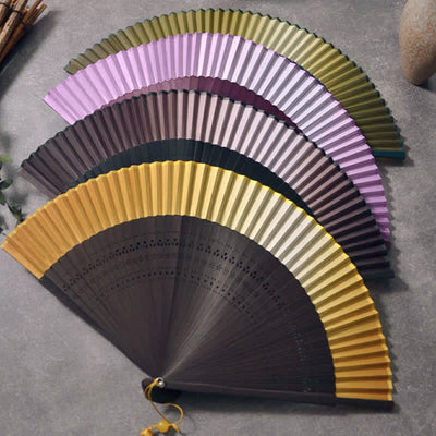 Buddha Stones Bamboo Frame Cotton Linen Gradient Tassel Folding Fan - image 10