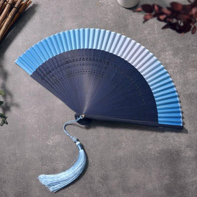 Buddha Stones Bamboo Frame Cotton Linen Gradient Tassel Folding Fan - Gradient Folding Fan - Blue - image 6