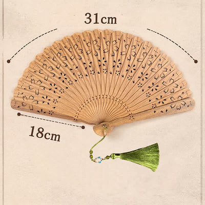 Buddha Stones Green Sandalwood Openwork Butterfly Pattern Tassel Fan - image 2