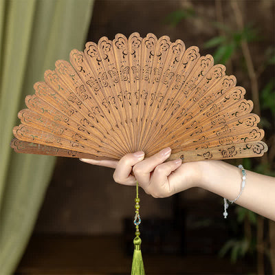Buddha Stones Green Sandalwood Openwork Butterfly Pattern Tassel Fan - Hundred Butterflies - Green Sandalwood - image 7