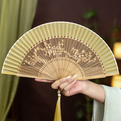 Buddha Stones Vintage Hollow Carved Bamboo Butterfly Fan of Transformation - Plum Blossom - image 1