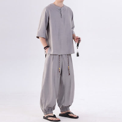 Buddha Stones Spring Summer Tang Style Frog Button Solid Elbow-Length Sleeve Shirt Pants Men's Meditation Cloth With Pocket - image 13