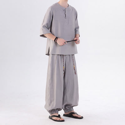 Buddha Stones Spring Summer Tang Style Frog Button Solid Elbow-Length Sleeve Shirt Pants Men's Meditation Cloth With Pocket - image 18