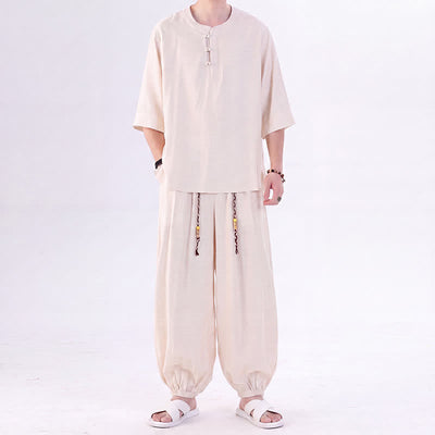 Buddha Stones Spring Summer Tang Style Frog Button Solid Elbow-Length Sleeve Shirt Pants Men's Meditation Cloth With Pocket - image 1