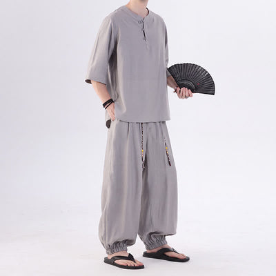 Buddha Stones Spring Summer Tang Style Frog Button Solid Elbow-Length Sleeve Shirt Pants Men's Meditation Cloth With Pocket - image 16