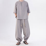 Foviel Spring Summer Tang Style Frog Button Solid Elbow-Length Sleeve Shirt Pants Men's Meditation Cloth With Pocket