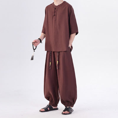 Buddha Stones Spring Summer Tang Style Frog Button Solid Elbow-Length Sleeve Shirt Pants Men's Meditation Cloth With Pocket - image 35