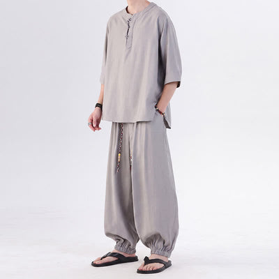 Buddha Stones Spring Summer Tang Style Frog Button Solid Elbow-Length Sleeve Shirt Pants Men's Meditation Cloth With Pocket - image 15