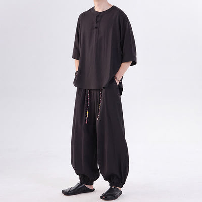 Buddha Stones Spring Summer Tang Style Frog Button Solid Elbow-Length Sleeve Shirt Pants Men's Meditation Cloth With Pocket - image 21