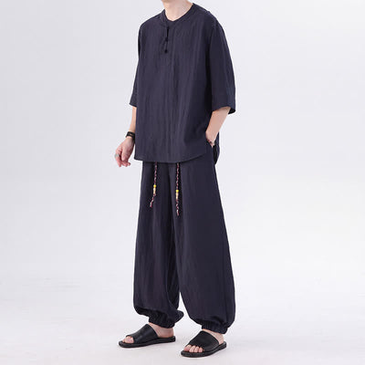 Buddha Stones Spring Summer Tang Style Frog Button Solid Elbow-Length Sleeve Shirt Pants Men's Meditation Cloth With Pocket - image 49