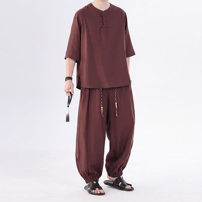Buddha Stones Spring Summer Tang Style Frog Button Solid Elbow-Length Sleeve Shirt Pants Men's Meditation Cloth With Pocket - image 32