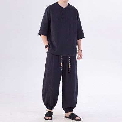 Buddha Stones Spring Summer Tang Style Frog Button Solid Elbow-Length Sleeve Shirt Pants Men's Meditation Cloth With Pocket - image 47