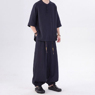 Buddha Stones Spring Summer Tang Style Frog Button Solid Elbow-Length Sleeve Shirt Pants Men's Meditation Cloth With Pocket - image 48