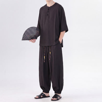 Buddha Stones Spring Summer Tang Style Frog Button Solid Elbow-Length Sleeve Shirt Pants Men's Meditation Cloth With Pocket - image 26