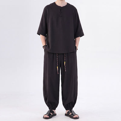 Buddha Stones Spring Summer Tang Style Frog Button Solid Elbow-Length Sleeve Shirt Pants Men's Meditation Cloth With Pocket - Black - US/UK/AU46，EU56 (5XL) - image 20