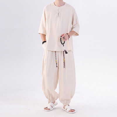 Buddha Stones Spring Summer Tang Style Frog Button Solid Elbow-Length Sleeve Shirt Pants Men's Meditation Cloth With Pocket - AntiqueWhite - US/UK/AU46，EU56 (5XL) - image 0