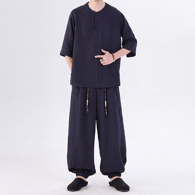 Buddha Stones Spring Summer Tang Style Frog Button Solid Elbow-Length Sleeve Shirt Pants Men's Meditation Cloth With Pocket - image 50