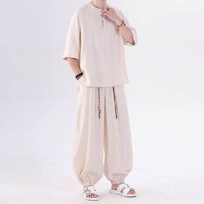 Buddha Stones Spring Summer Tang Style Frog Button Solid Elbow-Length Sleeve Shirt Pants Men's Meditation Cloth With Pocket - image 2