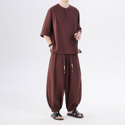 Buddha Stones Spring Summer Tang Style Frog Button Solid Elbow-Length Sleeve Shirt Pants Men's Meditation Cloth With Pocket - image 34