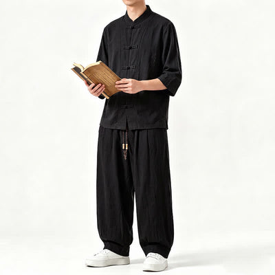 Buddha Stones Spring Summer Tang Style Meditation Frog Button Solid Three-Quarter Sleeve Shirt Pants Men's Meditation Cloth With Pocket - image 13