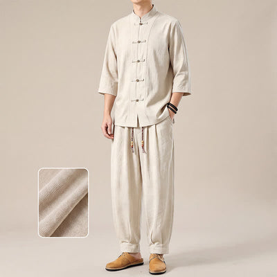 Buddha Stones Spring Summer Tang Style Meditation Frog Button Solid Three-Quarter Sleeve Shirt Pants Men's Meditation Cloth With Pocket - image 22