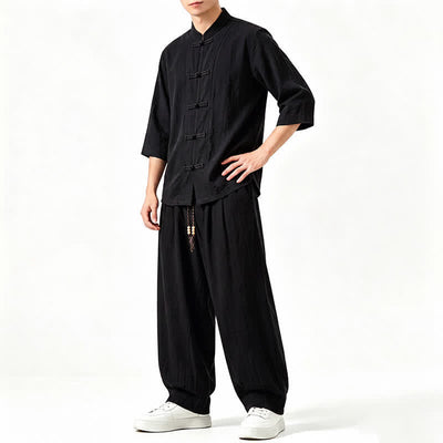 Buddha Stones Spring Summer Tang Style Meditation Frog Button Solid Three-Quarter Sleeve Shirt Pants Men's Meditation Cloth With Pocket - image 11