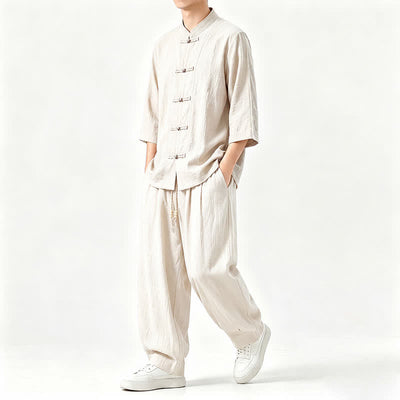 Buddha Stones Spring Summer Tang Style Meditation Frog Button Solid Three-Quarter Sleeve Shirt Pants Men's Meditation Cloth With Pocket - image 21