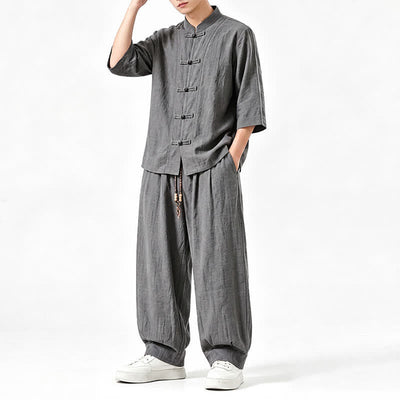 Buddha Stones Spring Summer Tang Style Meditation Frog Button Solid Three-Quarter Sleeve Shirt Pants Men's Meditation Cloth With Pocket - image 2