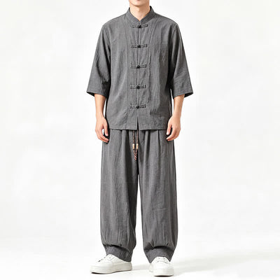 Buddha Stones Spring Summer Tang Style Meditation Frog Button Solid Three-Quarter Sleeve Shirt Pants Men's Meditation Cloth With Pocket - image 1