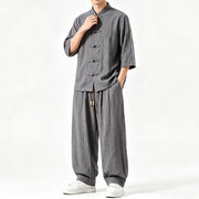 Foviel Spring Summer Tang Style Meditation Frog Button Solid Three-Quarter Sleeve Shirt Pants Men's Meditation Cloth With Pocket