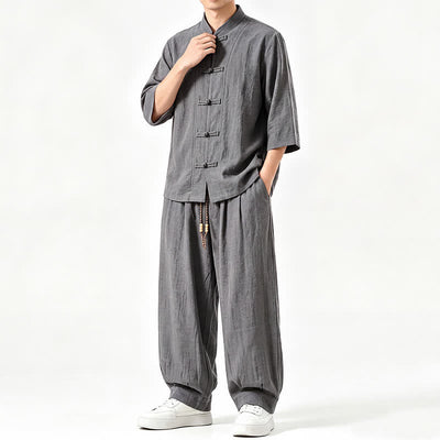 Buddha Stones Spring Summer Tang Style Meditation Frog Button Solid Three-Quarter Sleeve Shirt Pants Men's Meditation Cloth With Pocket - DimGray - US/UK/AU46，EU56 (5XL) - image 0