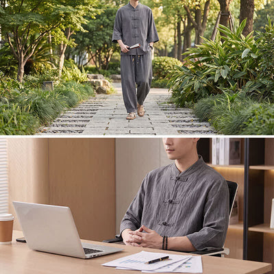 Buddha Stones Spring Summer Tang Style Meditation Frog Button Solid Three-Quarter Sleeve Shirt Pants Men's Meditation Cloth With Pocket - image 8