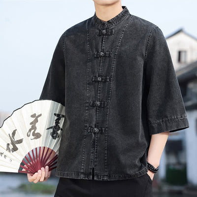 Buddha Stones Spring Vintage Tang Style Frog Button Solid Cotton Cropped Elbow-Length Sleeve Men's Jacket - image 8