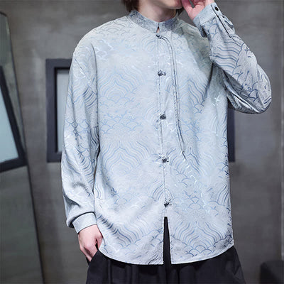 Buddha Stones Fall Vintage Tang Style Mandarin Collar Abstract Waves Men's Long Sleeve Shirts - image 33