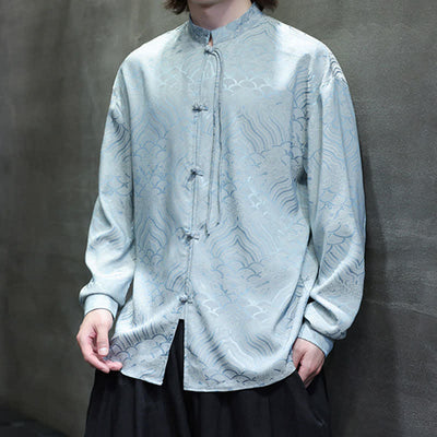 Buddha Stones Fall Vintage Tang Style Mandarin Collar Abstract Waves Men's Long Sleeve Shirts - image 28