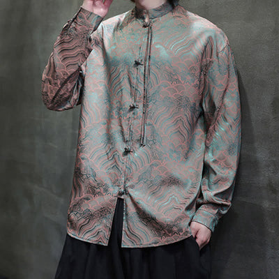 Buddha Stones Fall Vintage Tang Style Mandarin Collar Abstract Waves Men's Long Sleeve Shirts - image 2