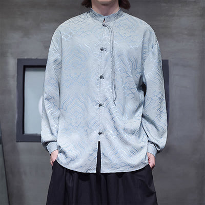 Buddha Stones Fall Vintage Tang Style Mandarin Collar Abstract Waves Men's Long Sleeve Shirts - image 31