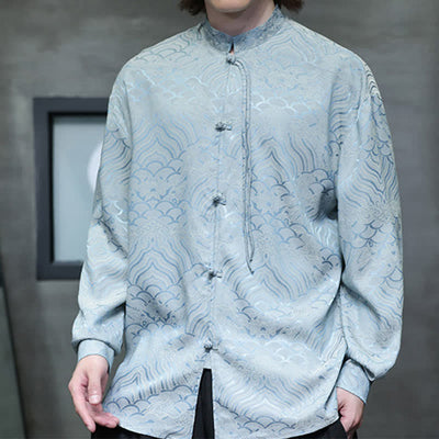 Buddha Stones Fall Vintage Tang Style Mandarin Collar Abstract Waves Men's Long Sleeve Shirts - image 35