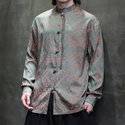 Buddha Stones Fall Vintage Tang Style Mandarin Collar Abstract Waves Men's Long Sleeve Shirts - image 3
