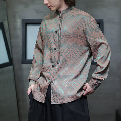 Buddha Stones Fall Vintage Tang Style Mandarin Collar Abstract Waves Men's Long Sleeve Shirts - image 5